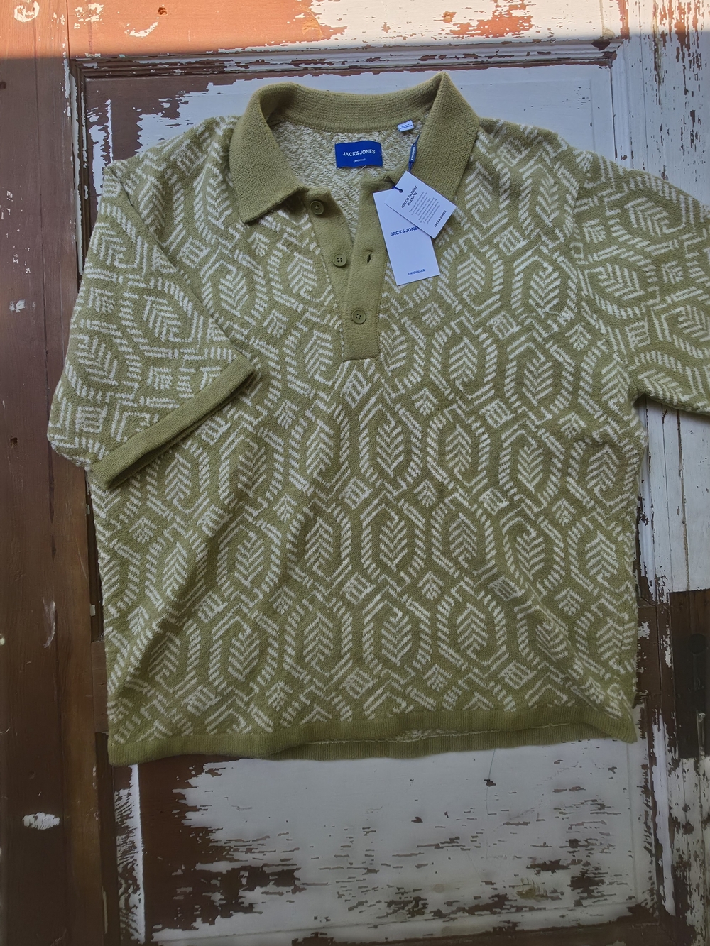 Jack & Jones Men’s Large Jacquard Knit Polo Shirt Cedar Green NWT
